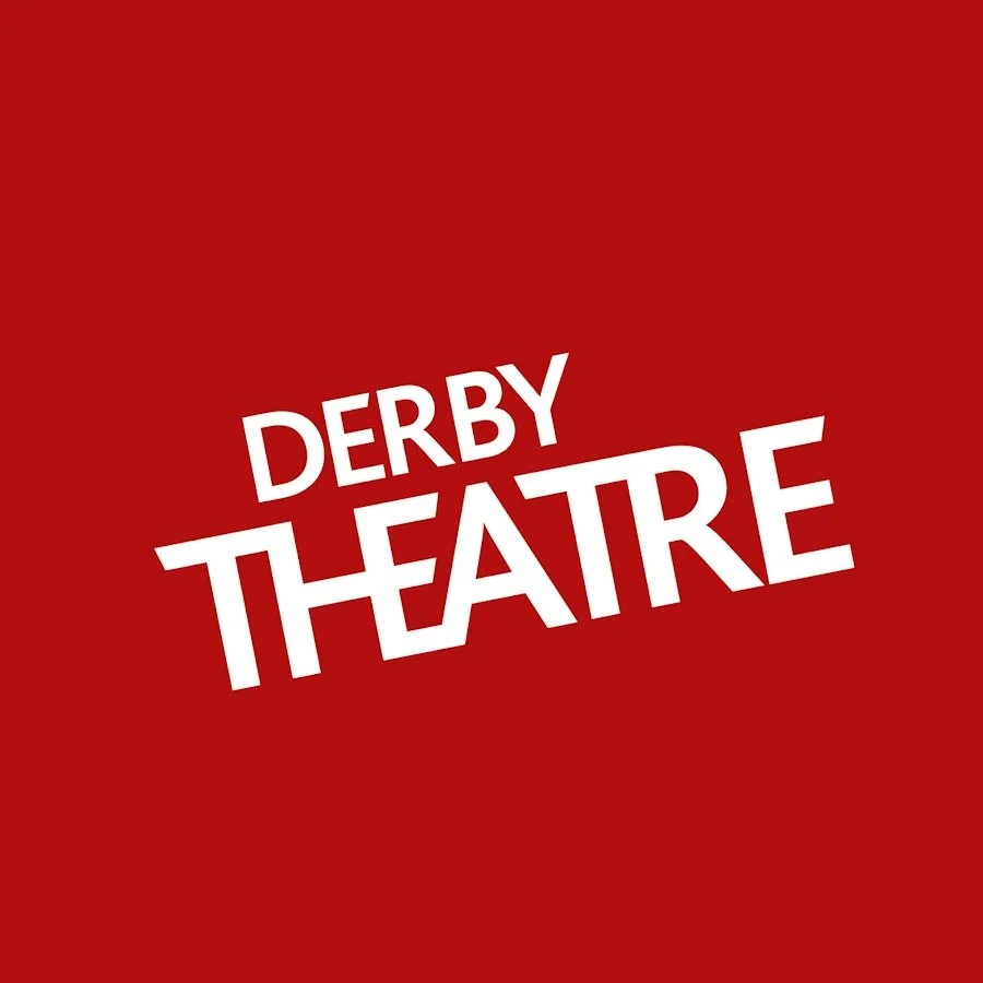 Red background with white text reading 'DERBY THEATRE' in a tilted, staggered font.