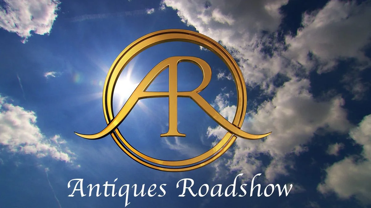 Golden logo with intertwining letters A and R inside a circular outline set against a sky with clouds and sunlight, with the text "Antiques Roadshow" below.