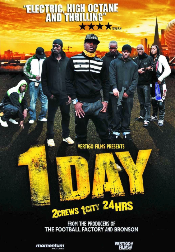 Movie poster for '1 Day' featuring a group of seven people standing on a city street at sunset, some holding weapons, with a city skyline in the background. The poster includes quote reviews, the title '1 Day,' and mentions production companies Vertigo Films and Momentum Pictures.