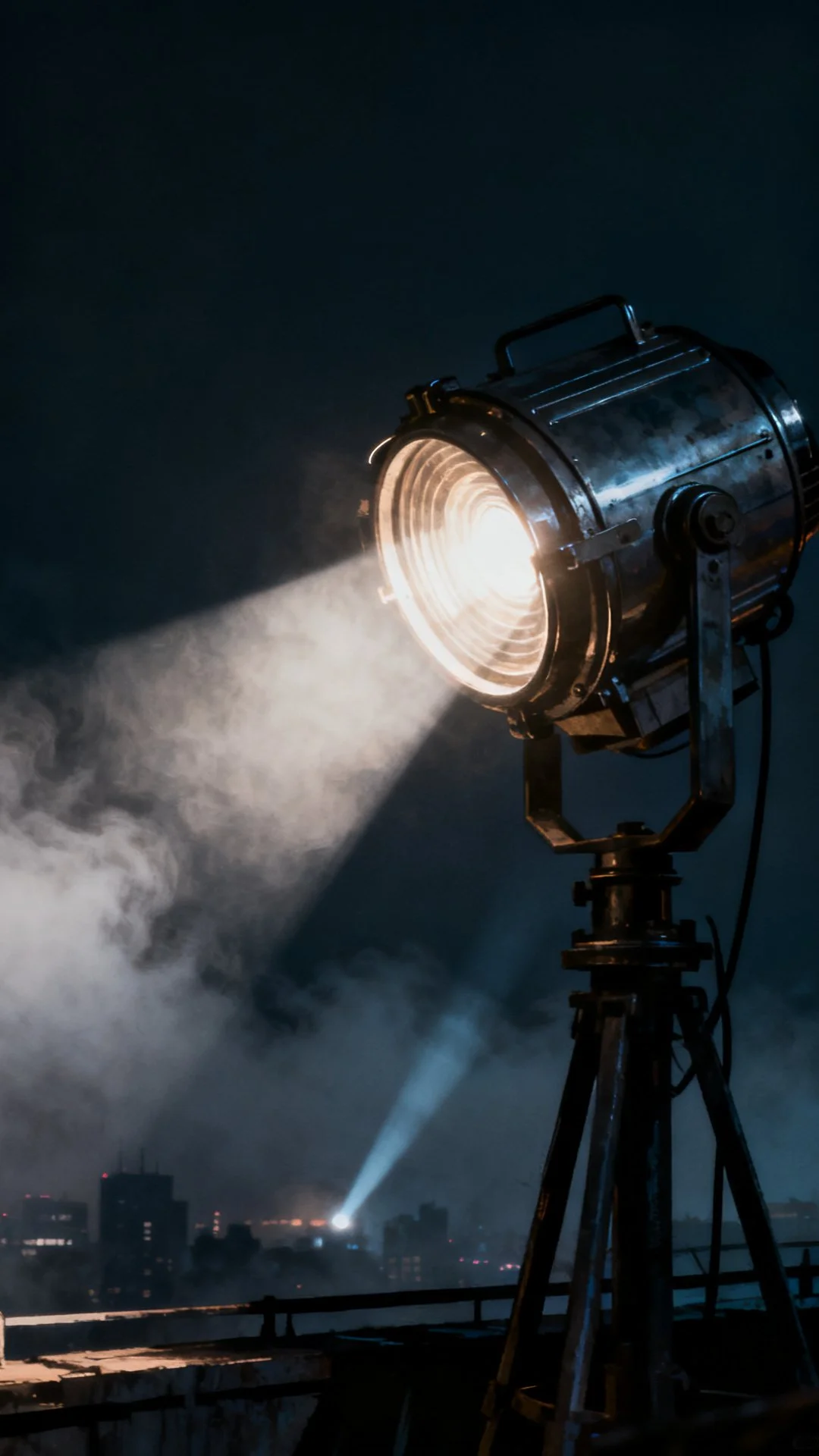 A large professional spotlight on a tripod pointing towards the sky at night, emitting bright light with clouds or fog swirling around.