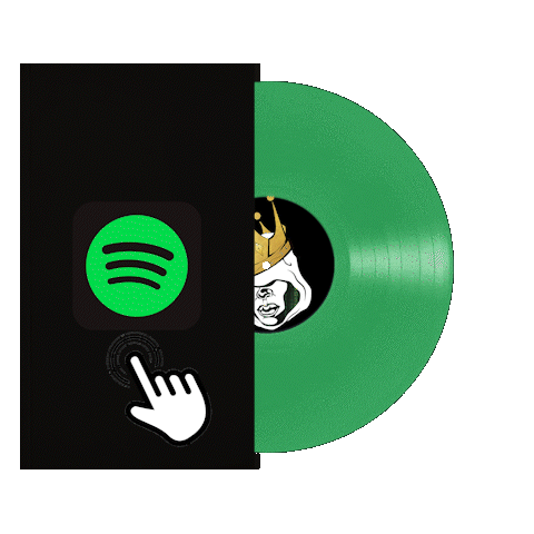 A digital illustration of a Spotify app icon being pressed on a smartphone, with a green vinyl record and a cartoonish face with a crown in the background.