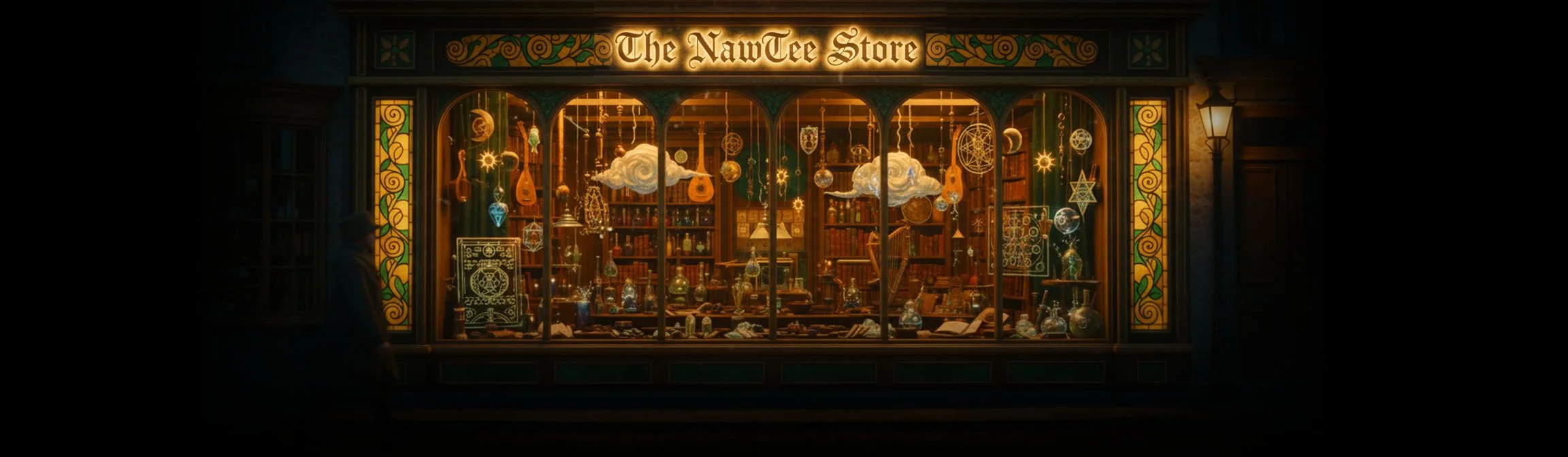 A bookstore window display with illuminated shelves of books and hanging decorative objects such as guitars, clouds, stars, and planets, with a sign saying 'The NawTee Store' at the top.