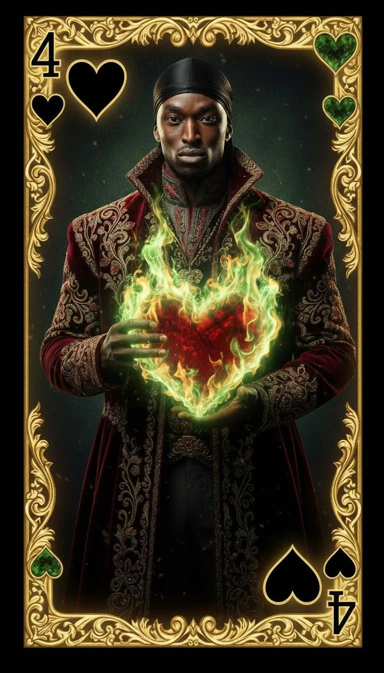 A man dressed in ornate burgundy and gold embroidered clothing holding a flaming heart. The image resembles a playing card with the number four and suits of hearts, spades, and clubs in the corners, and a decorative gold border.