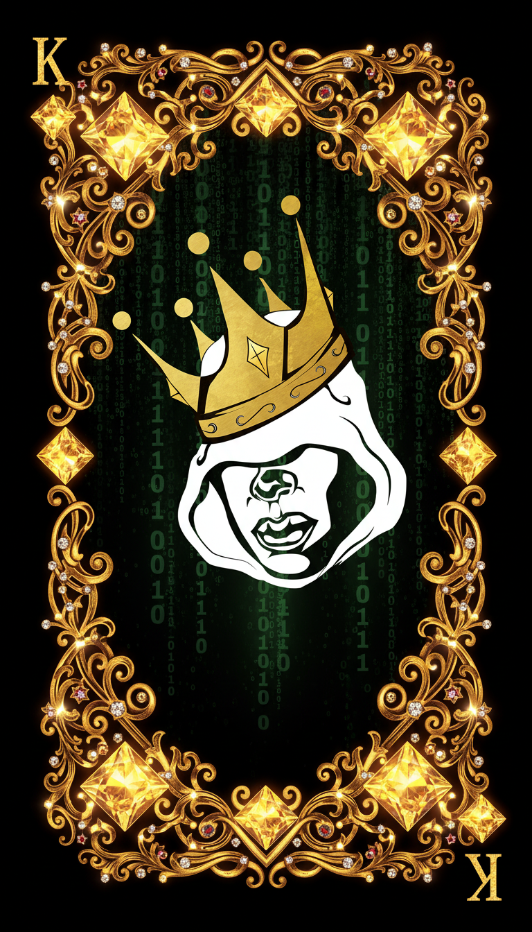 A digital illustration resembling a playing card, specifically the king of diamonds, featuring a stylized face of a woman with a crown adorned with diamonds and green code falling in the background.