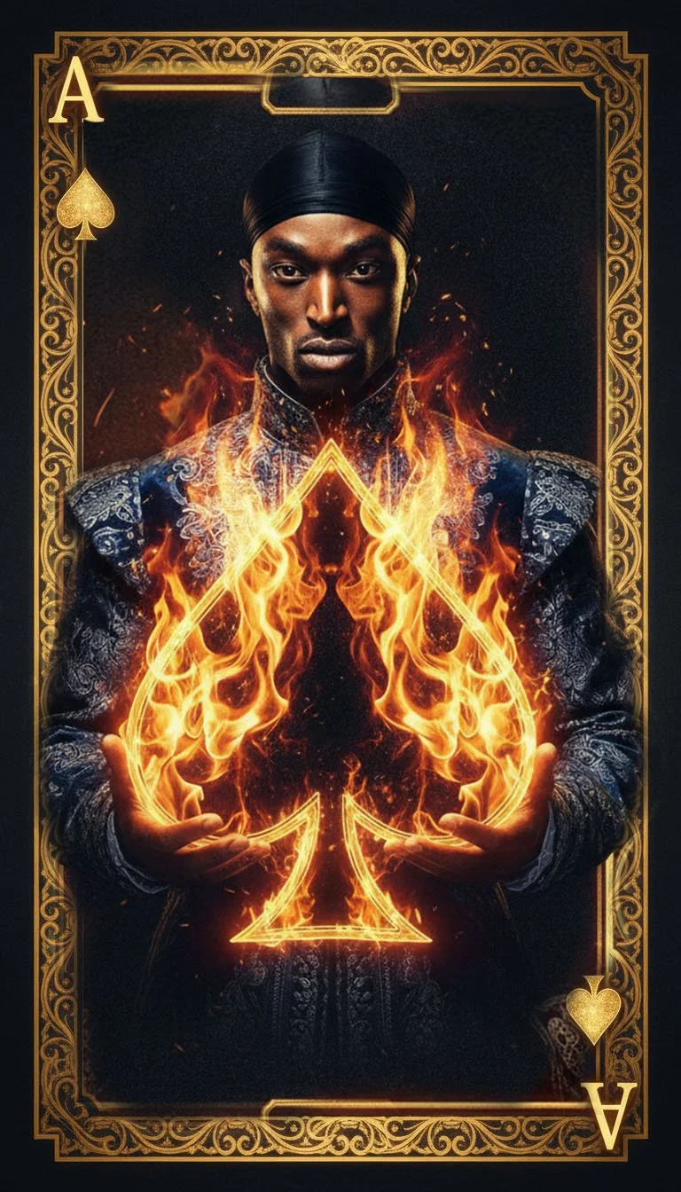 A stylized image of the Ace of Spades playing card featuring a portrait of a man with dark skin, wearing a black head covering, surrounded by fiery flames forming a spade symbol. The card has intricate gold borders and the letter 'A' with a spade symbol in the top left and bottom right corners.