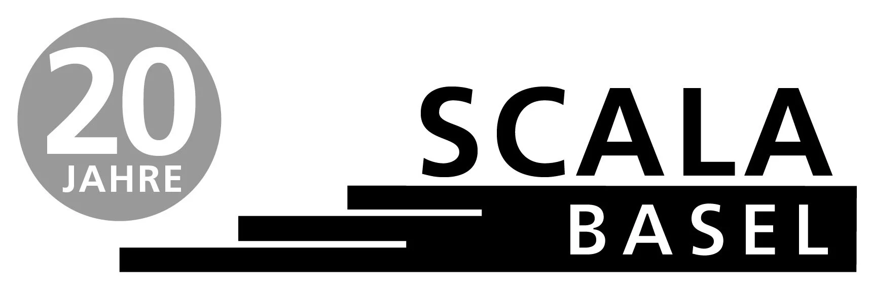 Logo mit Text '20 Jahre Scala Basel' in Schwarz, Weiß und Grau, mit geometrischen Linien und Formen.
