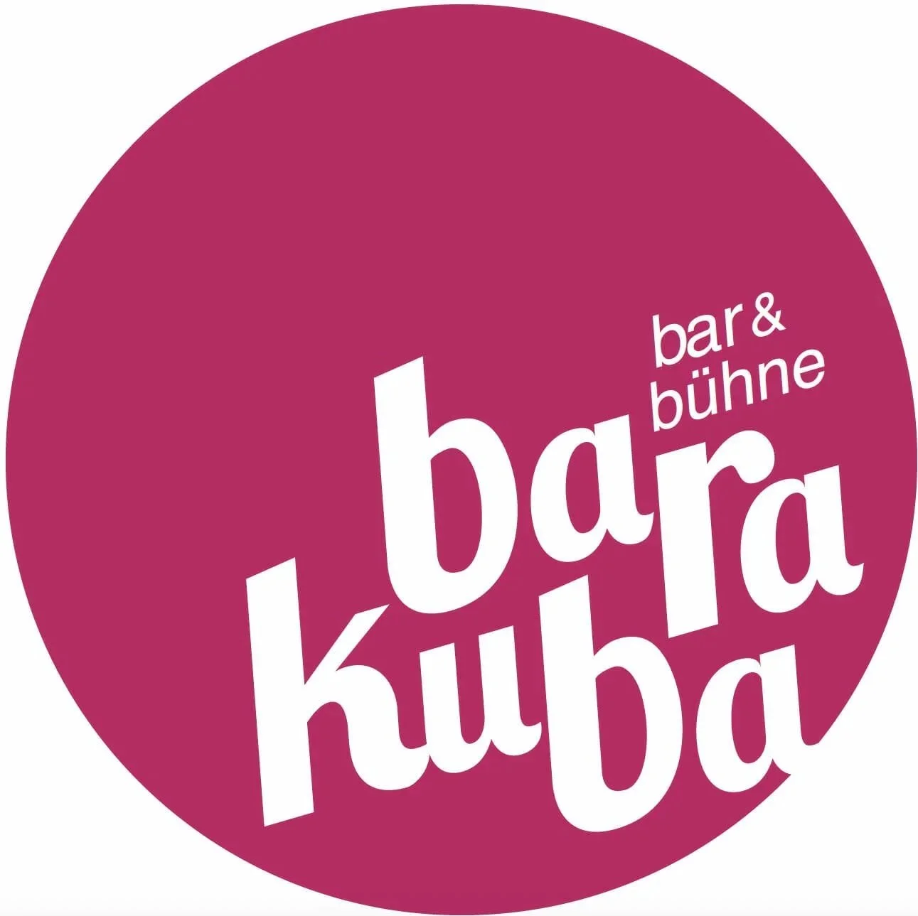 Runde magentafarbene Logo mit weißen Texten, die 'bar & bühne', 'kuba', und 'bar' enthalten.