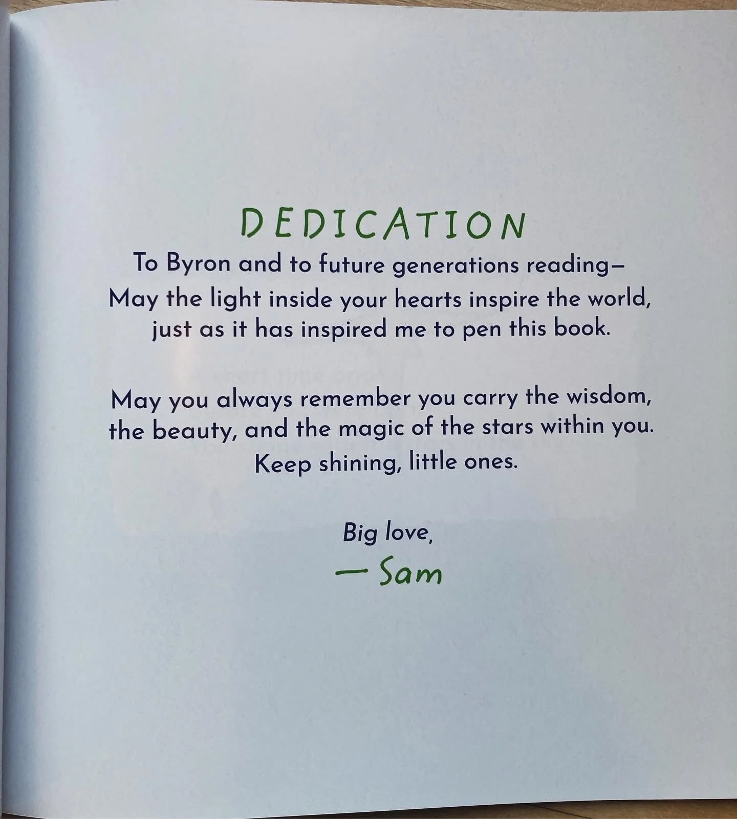 Dedication page for "The Light Inside Your Heart" children's book