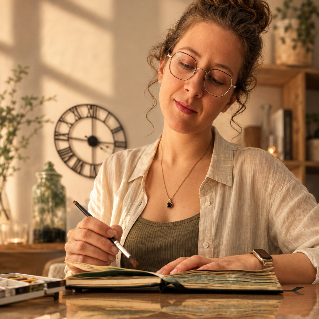 Une artiste peintre entrain de faire de l’aquarelle dans un carnet dans son atelier ou à la maison avec une décoration intérieure chaleureuse.