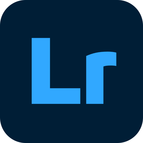 Adobe Lightroom logo with large blue 'Lr' on a dark background.