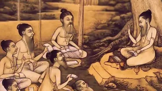 Ancient Chinese scholars sitting on the ground in front of a seated teacher under a tree, engaging in a discussion.