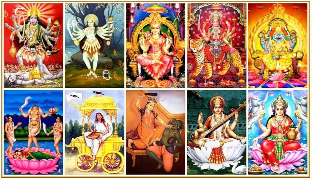 Collage of ten colorful Hindu deity images, including Lord Shiva, Lord Vishnu, Goddess Lakshmi, Goddess Durga, Lord Ganesha, and Lord Hanuman, depicted in traditional iconography.