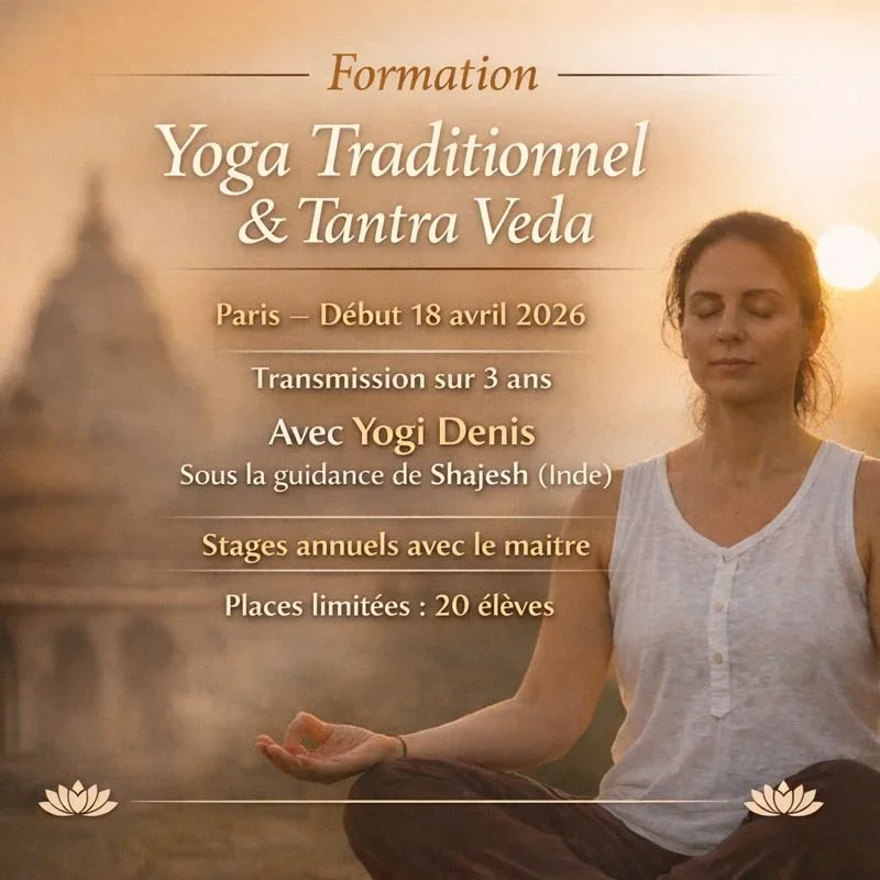 Poster advertising a yoga and tantra Veda training course in Paris starting April 18, 2026, guided by Yogi Denis with Shajesh from India, including annual workshops, limited to 20 students.