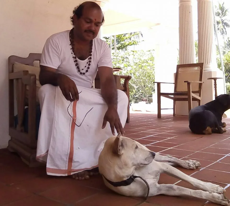A man in traditional South Asian attire with a beaded necklace sitting on the porch, gently touching a large, light-colored dog lying on the floor. Another black dog is visible in the background, sitting on the tiled floor near a chair. The porch has