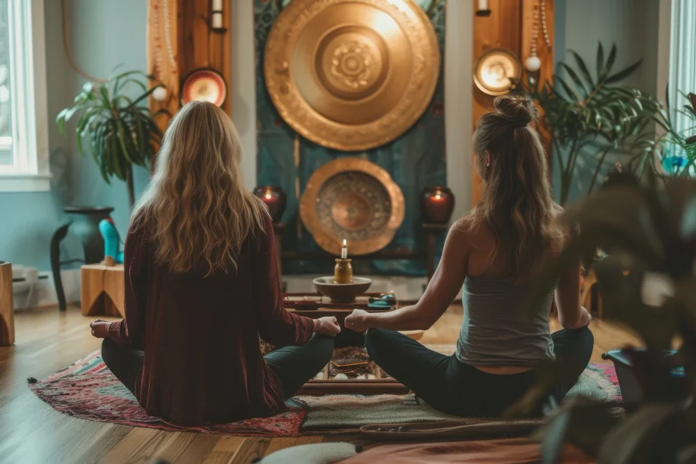 Two women sit cross-legged on a rug, practicing meditation in a cozy, ornamented room with large plants, decorative golden plates on the wall, and a small candle burning in front of them.