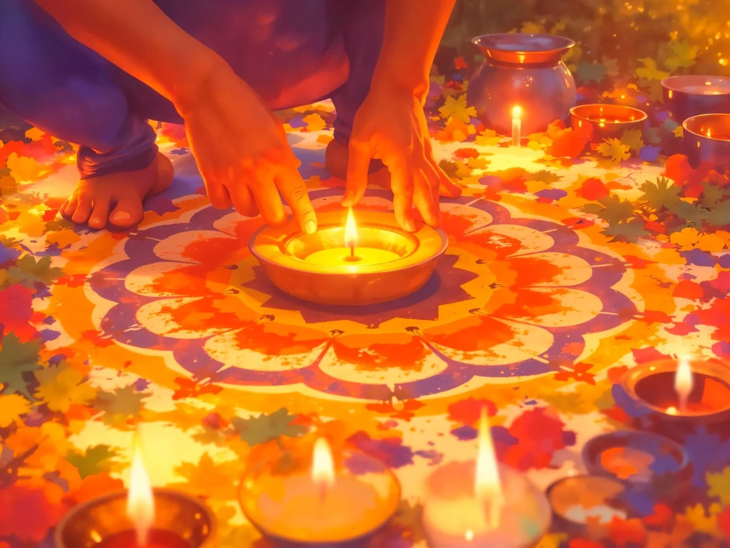 Hands lighting candles on a colorful, floral rangoli decorated with small diyas and lamps during a festive celebration.