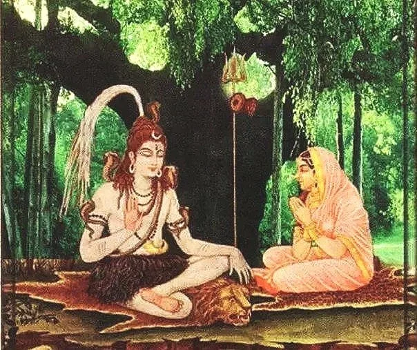 Hindu deity Lord Rama with a bow and arrow, sitting with a woman in a forest setting.