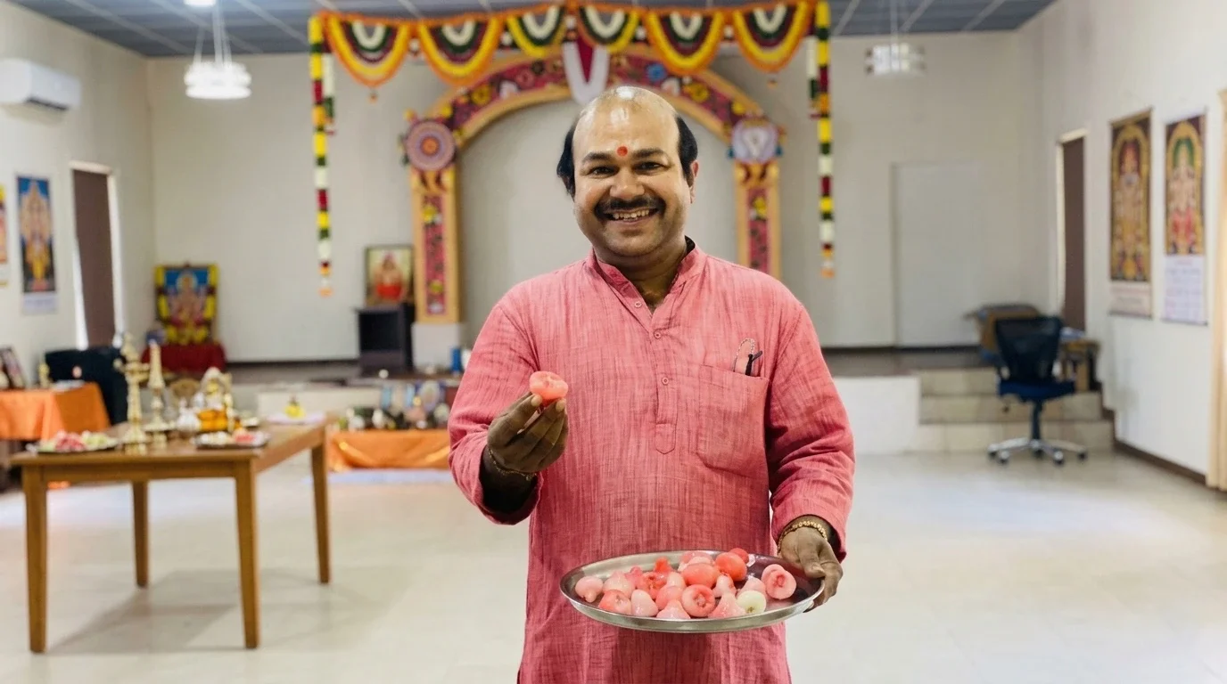 A smiling man dressed in traditional Indian attire holds a tray of colorful gulab jamuns, a popular Indian sweet. The background features a decorated hall with spiritual or cultural themes, including paintings, floral garlands, and ceremonial items.