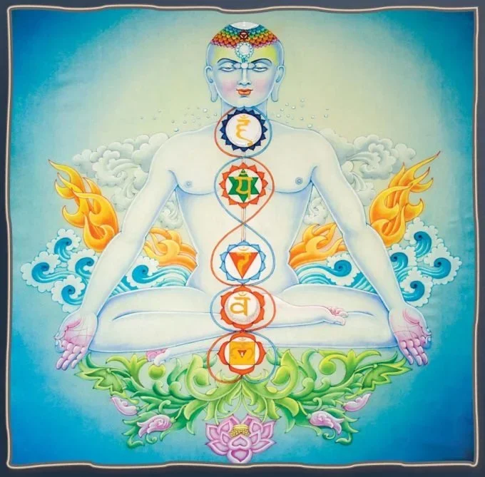 A colorful illustration of a meditating figure with symbols along the spine representing chakras, surrounded by flames, clouds, and lotus flowers.