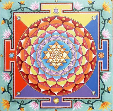 Hindu yantra with concentric geometric patterns and floral border.