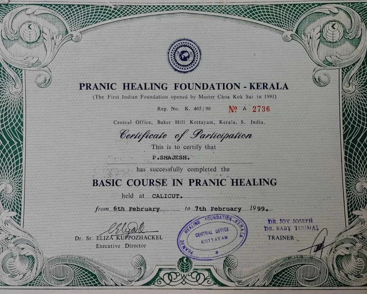 Certificate of participation from Pranic Healing Foundation in Kerala, awarded to P. Shajesh for completing a basic course in pranic healing in Calicut from February 6 to 10, 1999, signed by Dr. Sr. Eliza Kuppozhackel and Dr. Joy Joseph.