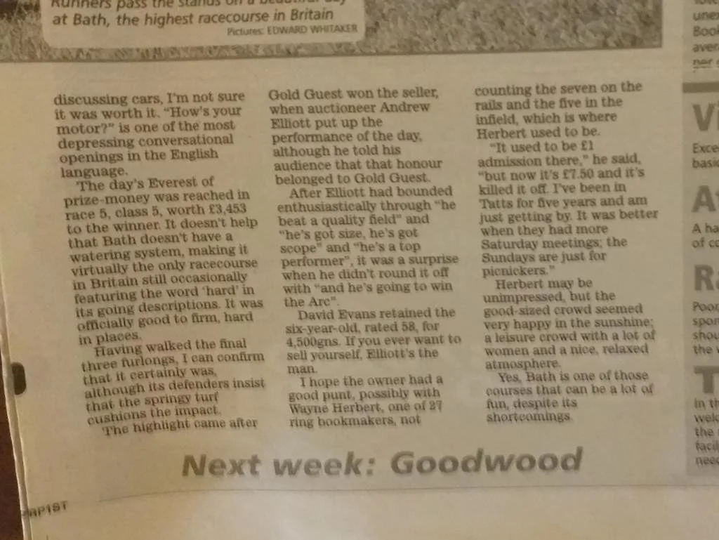 A section of a newspaper with articles on racing and betting. The headline mentions the next week being Goodwood, a famous racecourse.