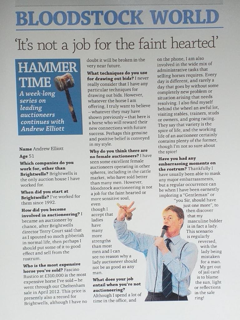 A magazine page titled 'Bloodstock World' featuring interview questions with Andrew Elliott, including his background, auction experience, and thoughts on female auctioneers. Contains a photo of Andrew Elliott holding a microphone, wearing a pilot's uniform.