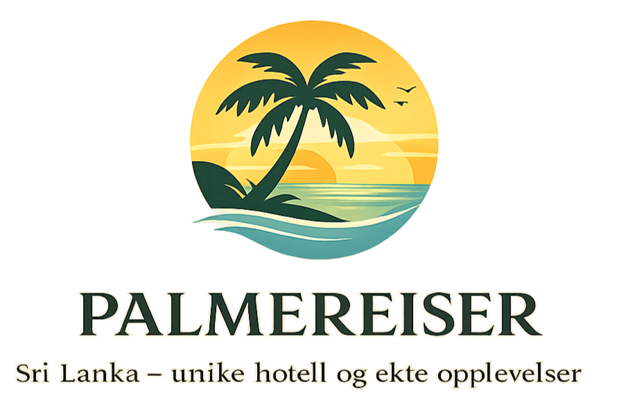En logo med en palm, solnedgang og hav, med teksten "PALMERREISER" og underteksten "Sri Lanka - unike hotell og ekte opplevelser."