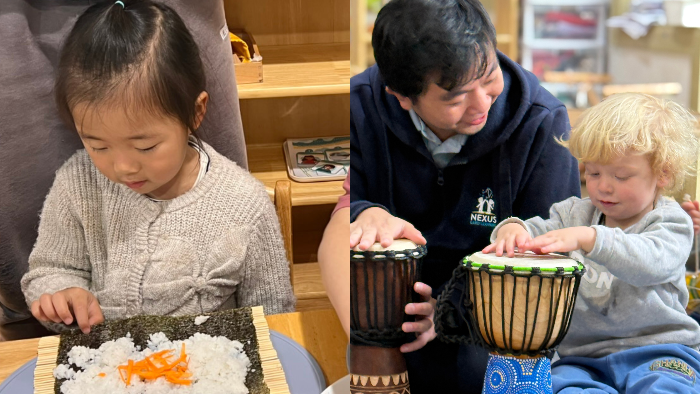 Children enjoying daily monthly activities at Nexus Early Learning such as kimbap making and music rhythm lessons.