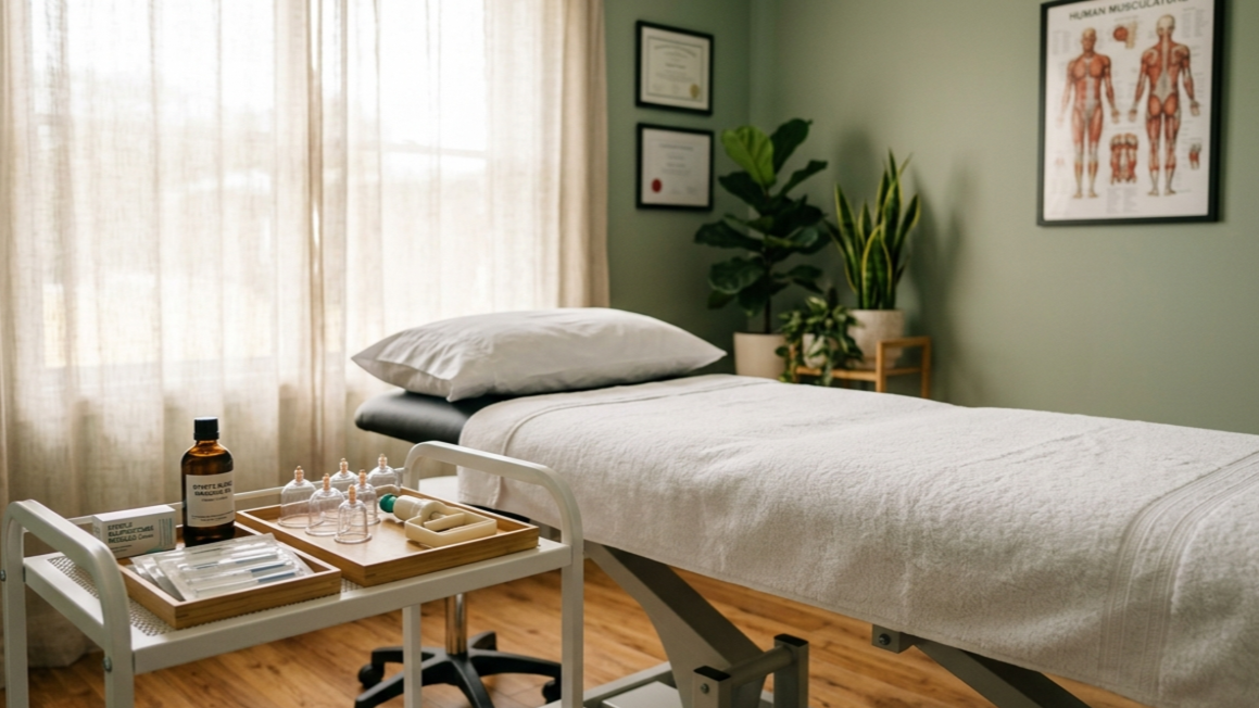 Modern acupuncture and sports massage therapy room at Acusport in Garstang, featuring a professional treatment table and clinical supplies.