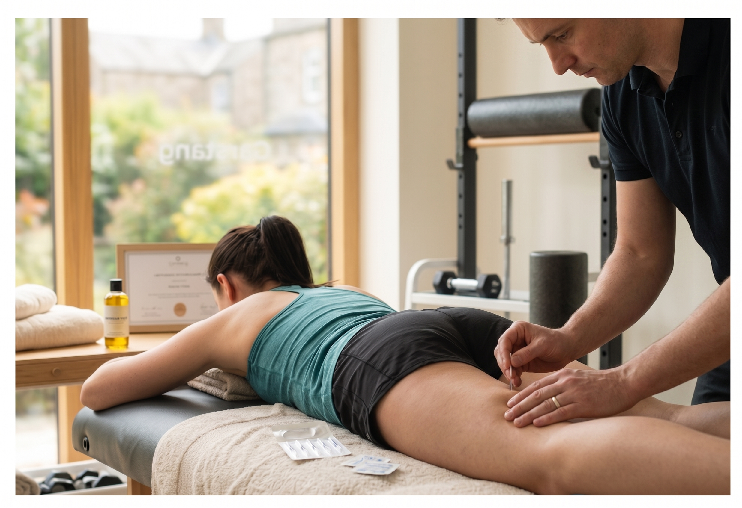 Acupuncturist performing an acupuncture treatment on a client's hamstrings at the Acusport clinic in Garstang.