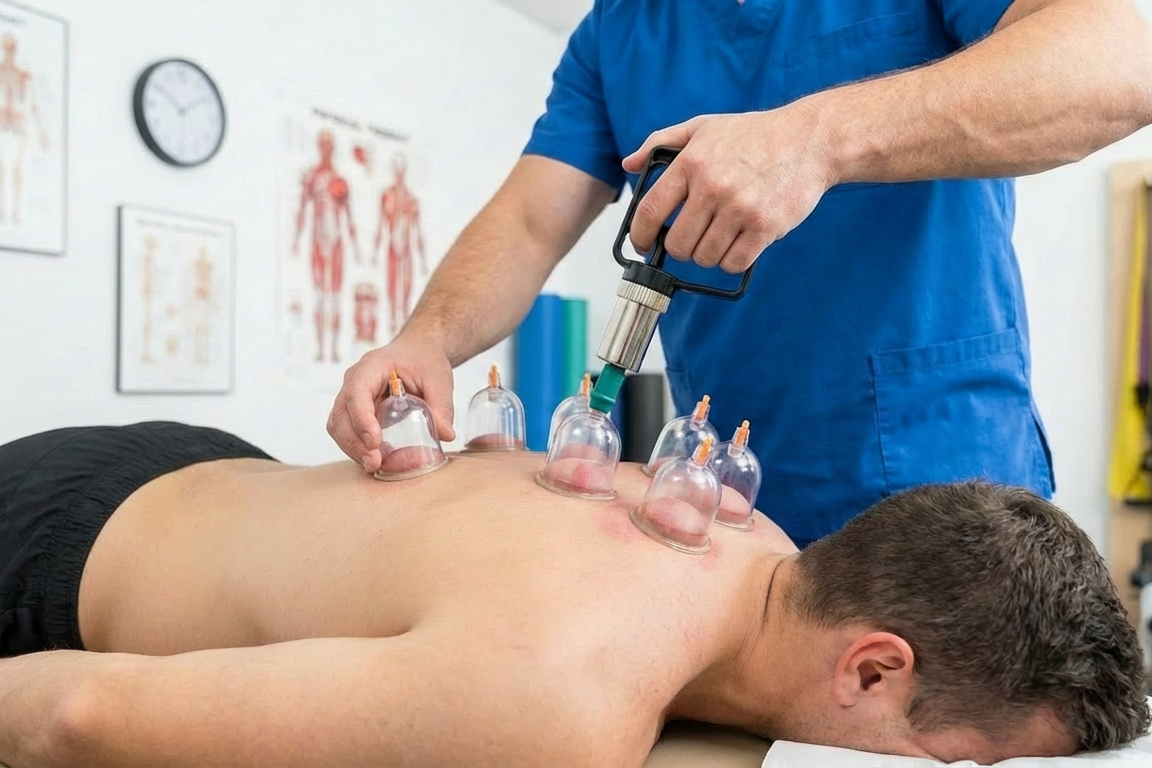 Cupping therapy treatment being applied to a client's back for muscle tension and sports recovery at the Garstang clinic.