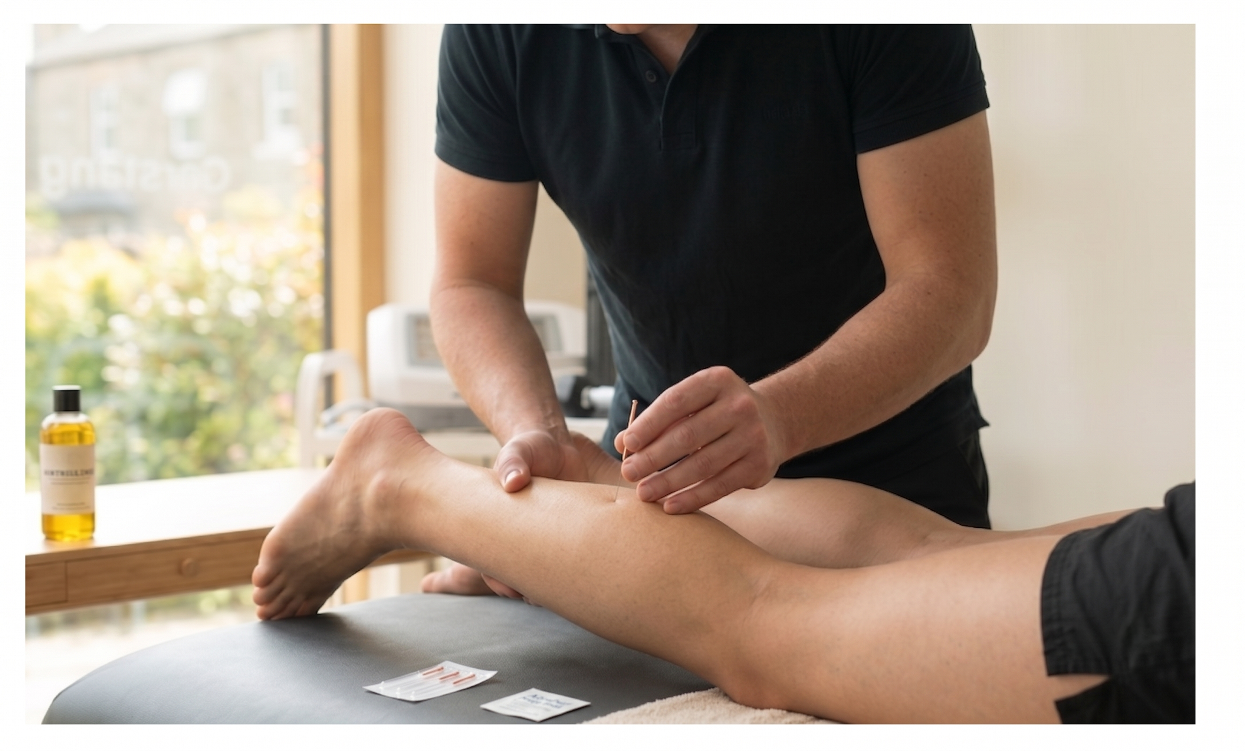Practitioner inserting a needle into a client's calf muscle during an acupuncture treatment at the Garstang clinic.