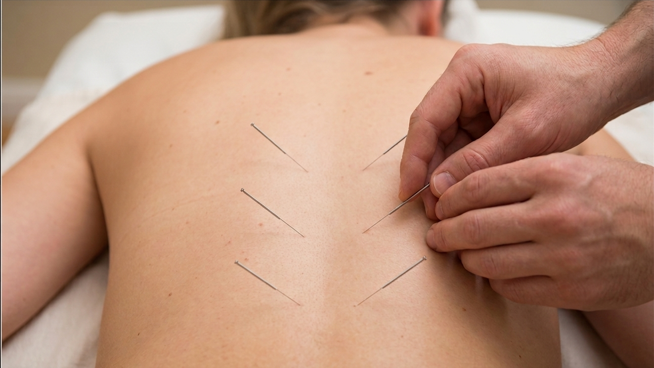 Acupuncture treatment session at Acusport in Garstang, showing precision needle placement for pain management and wellness.