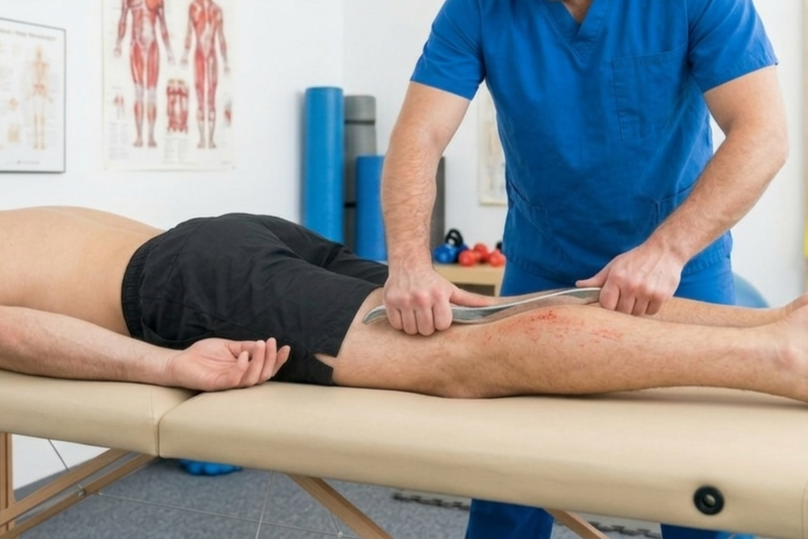 Muscle scraping treatment using an IASTM tool on a client's leg at the Acusport clinic in Garstang.