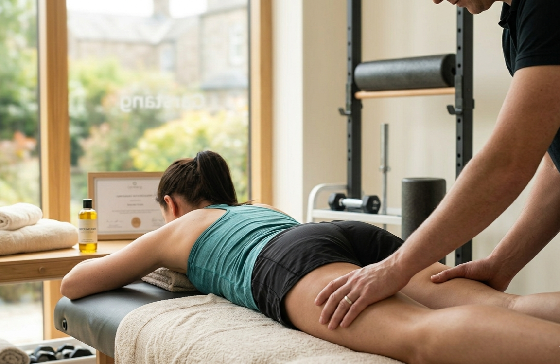 A client resting on a treatment table during a sports massage therapy session at the Acusport clinic in Garstang.