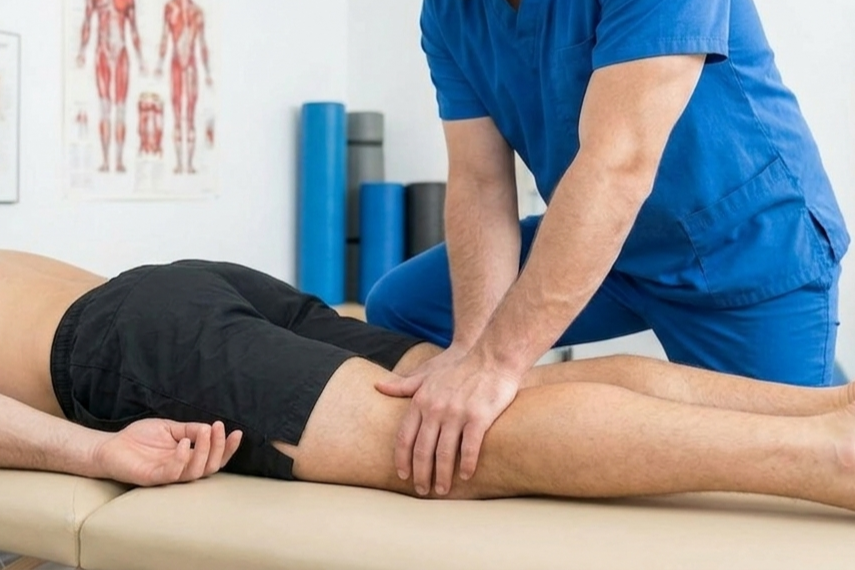Deep tissue sports massage targeting the leg and calf muscles for pain relief at the Garstang clinic.
