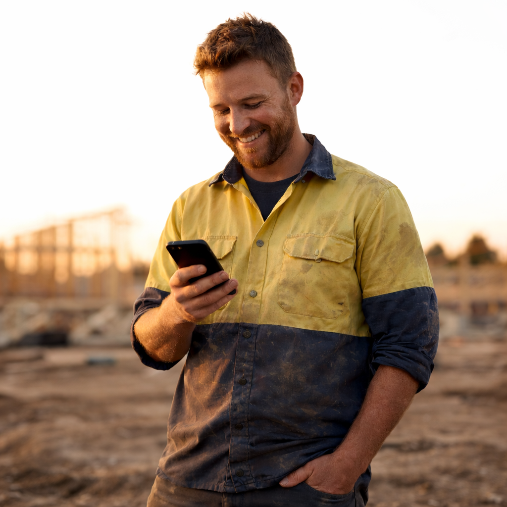 Man with a beard in a yellow and blue work shirt smiling and looking at his phone at a construction site during sunset.