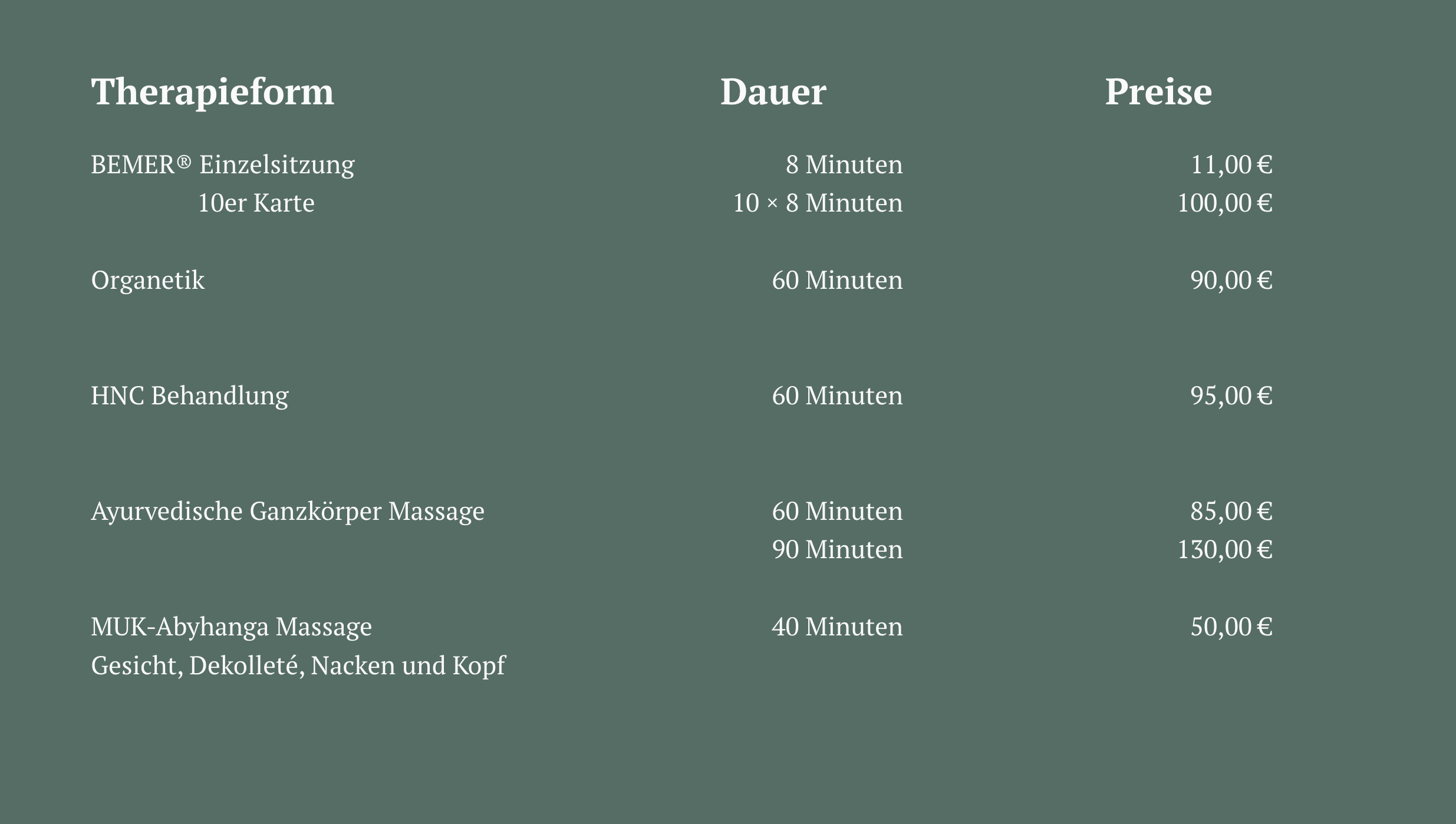 Preisliste für verschiedene Massageformen auf grünem Hintergrund, mit Angaben zu Dauer und Preis in Euro.