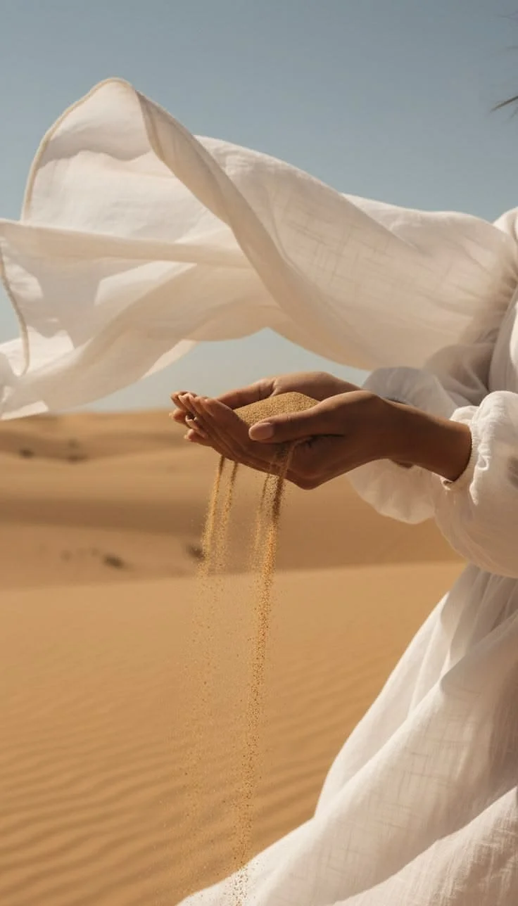 Person in einem weißen Kleid hält Sand in den Händen in der Wüste, mit Sand, der durch die Hände rieselt, und einem weißen Tuch im Wind.