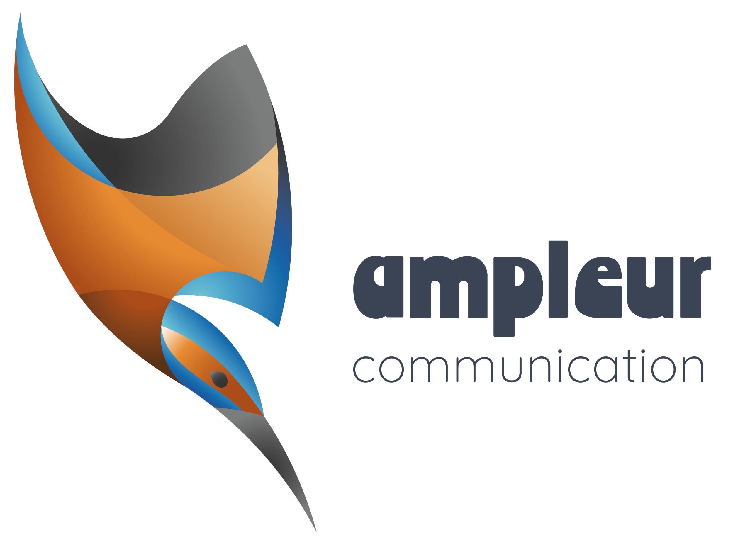 Logo de l'entreprise intitulée "Ampleur Communication" avec un martin pêcheur coloré de tons bleu et orangés comme mascotte.