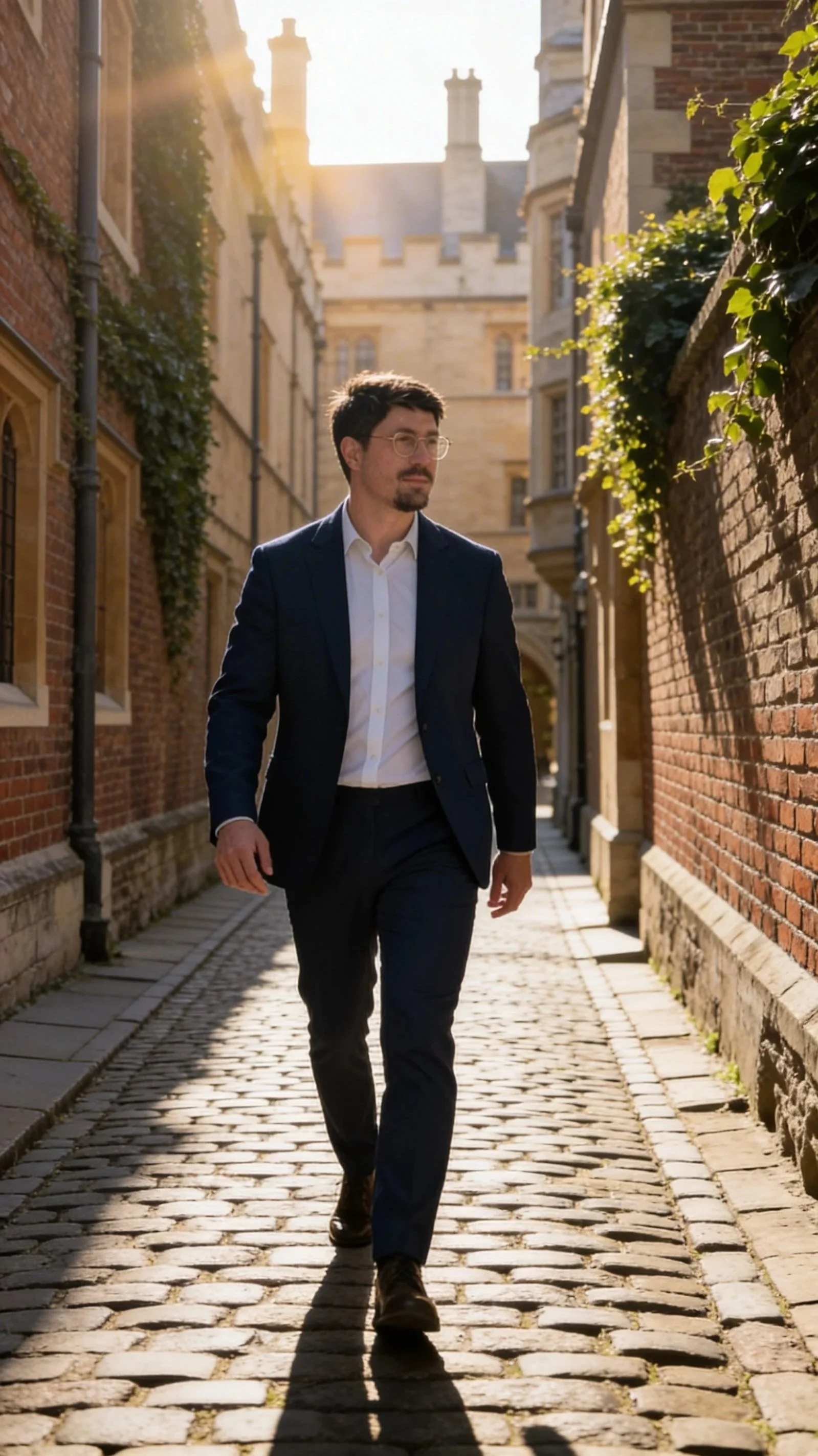 A man wearing a dark suit and glasses walking down a cobblestone alleyway with brick and stone buildings on either side, sunlight streaming from behind.