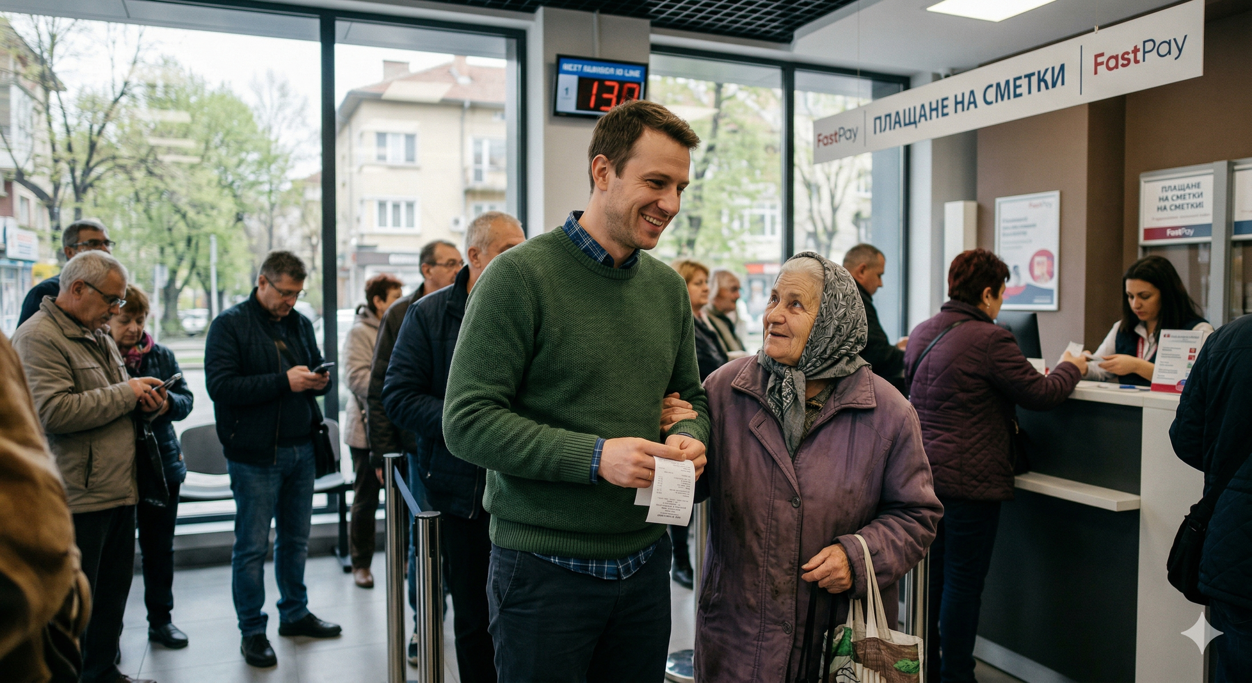 People standing in line inside a store, with a man in a green sweater and an elderly woman with a headscarf in the foreground. A digital display shows a number 130, indicating wait time, with a sign in Bulgarian and English over the counter and a staff member assisting customers.