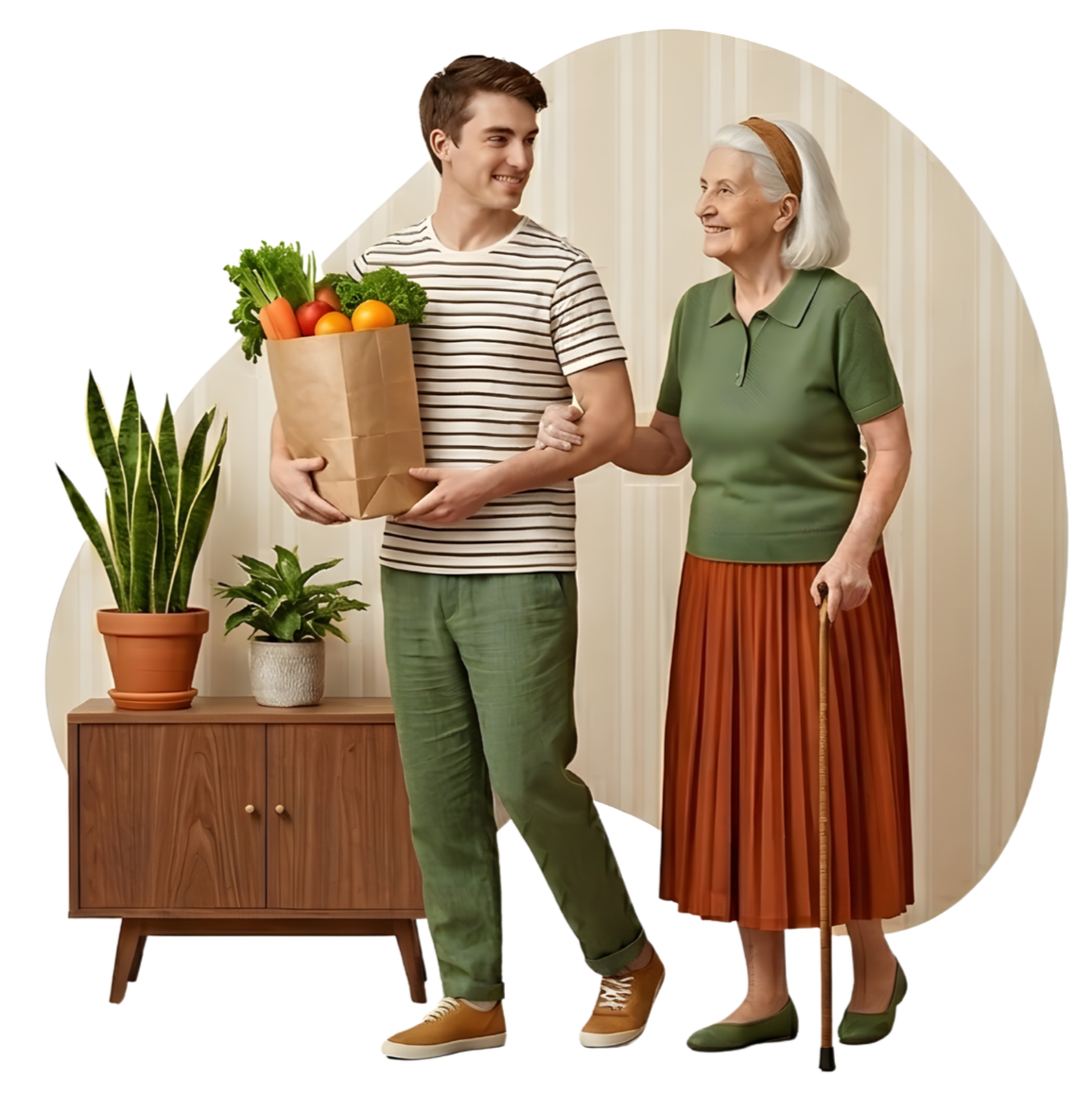 A young man giving a grocery bag filled with vegetables to an elderly woman with a cane, both smiling.