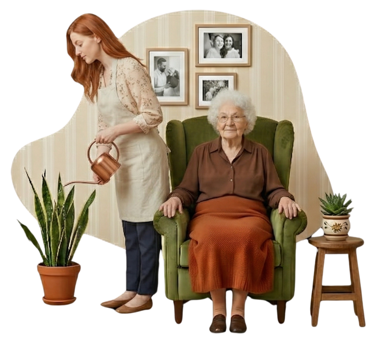 A young woman watering a potted plant next to an elderly woman sitting in a green armchair in a living room with family photos on the wall.