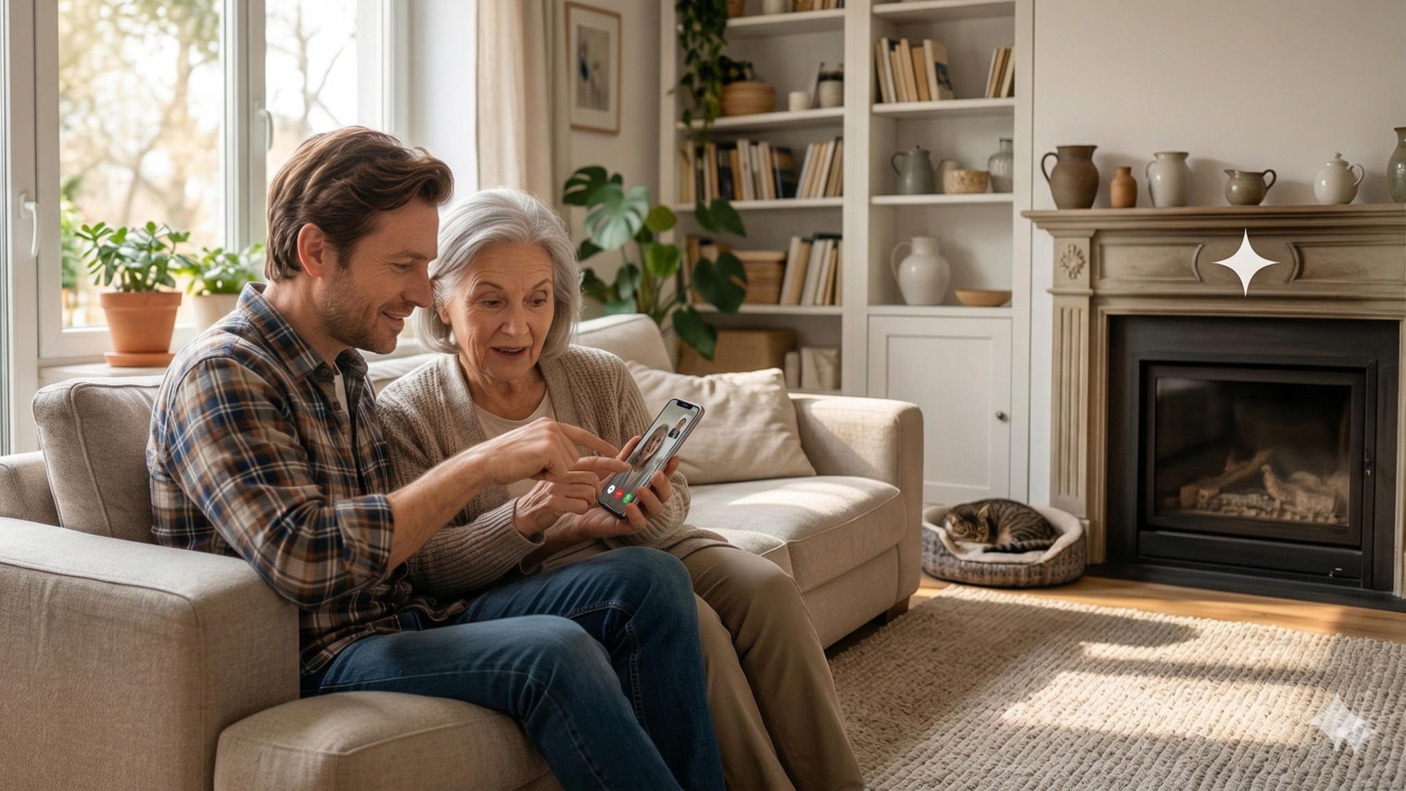 A man and an elderly woman sitting on a beige couch, talking on a video call on a smartphone, in a cozy living room with a fireplace, bookshelves, plants, and a cat sleeping in a basket.