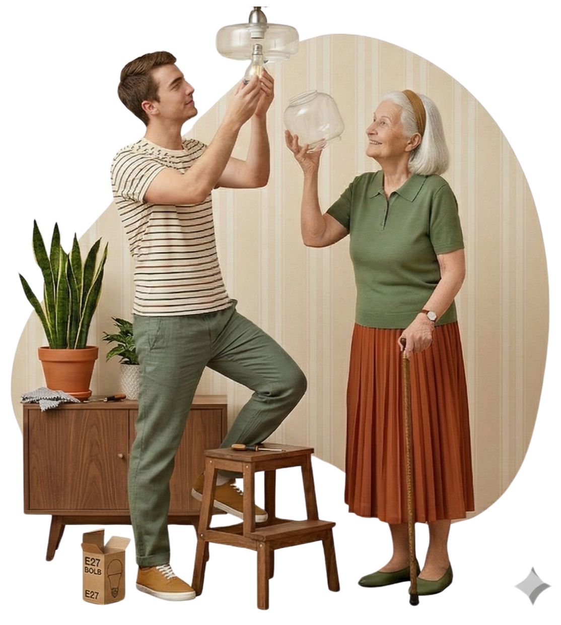 A young man and an elderly woman are installing or replacing a ceiling light fixture together in a room with beige striped wallpaper. The woman, holding a cane, is smiling and looking at the man, who is standing on a small wooden step stool.