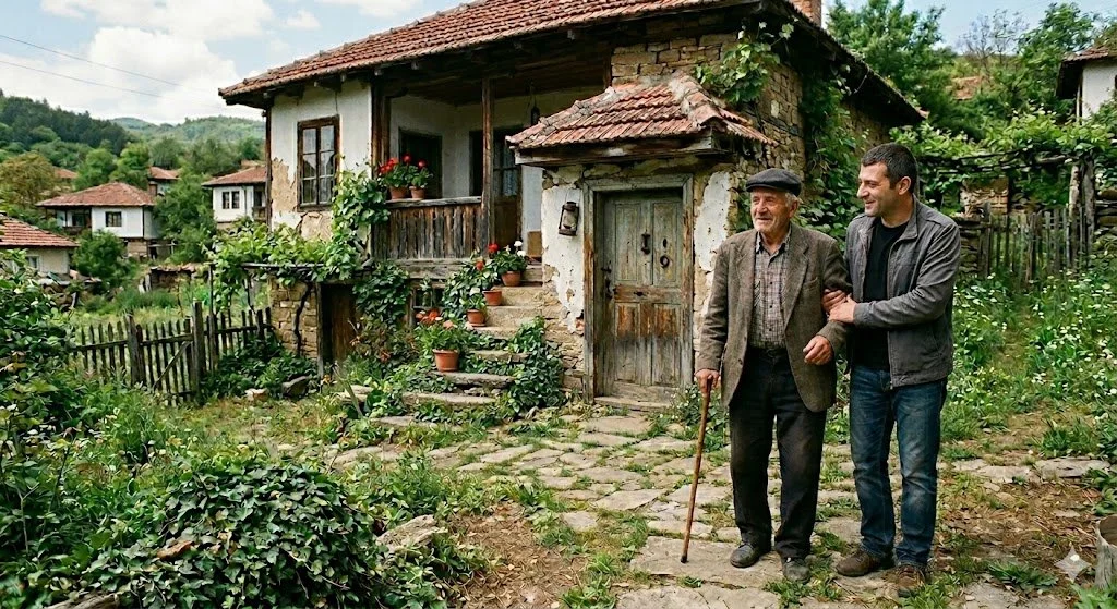 An elderly man and a younger man walking together on a stone pathway in front of a rustic house with a garden, surrounded by greenery.