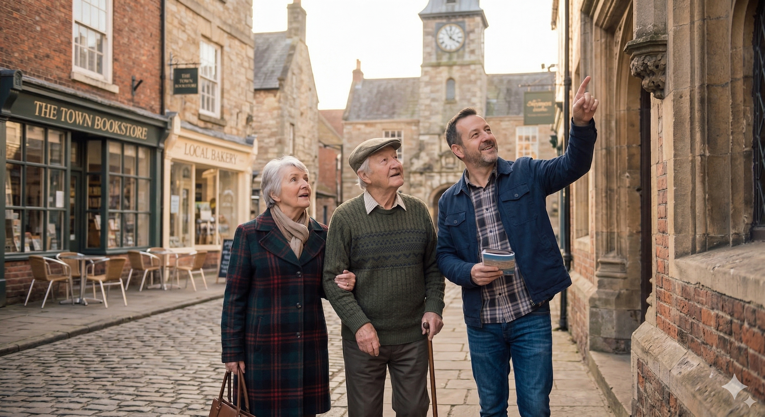 A man and two elderly women walking on a cobblestone street in a historic town, looking at a building with ornate stonework while the man points at it. The women are holding bags and one has a cane. Background shows storefronts including a bookstore and bakery, with a clock tower in the distance.