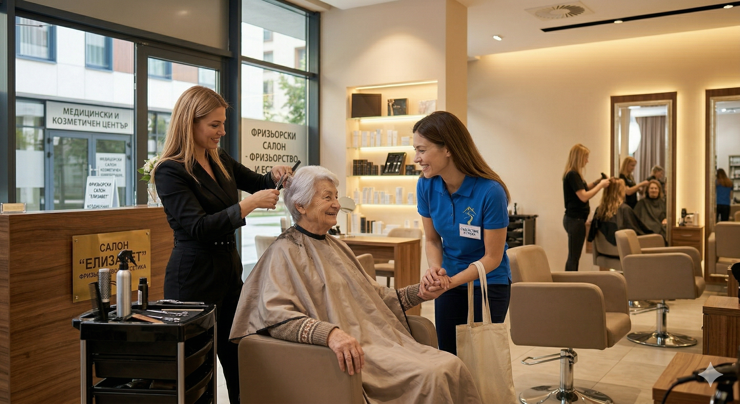 A woman in a black outfit is cutting an elderly woman's hair in a modern salon, while another woman in a blue shirt holds the elderly woman's hand and chats. There are other clients and hairdressers in the background.